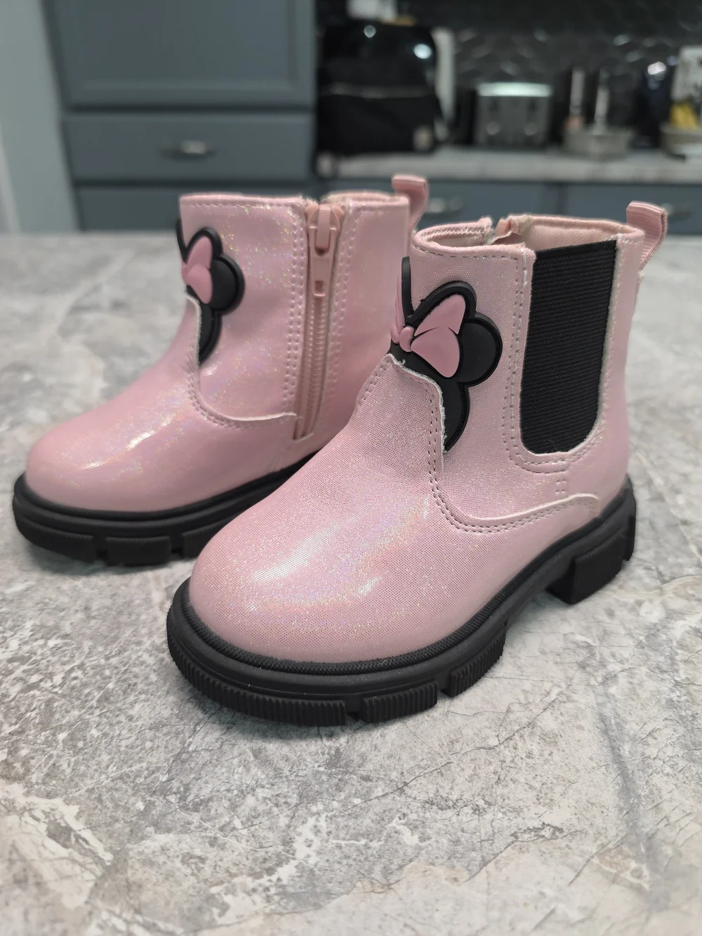 Girls Disney Pink Glitter Ankle Boots with Minnie Bow Accent